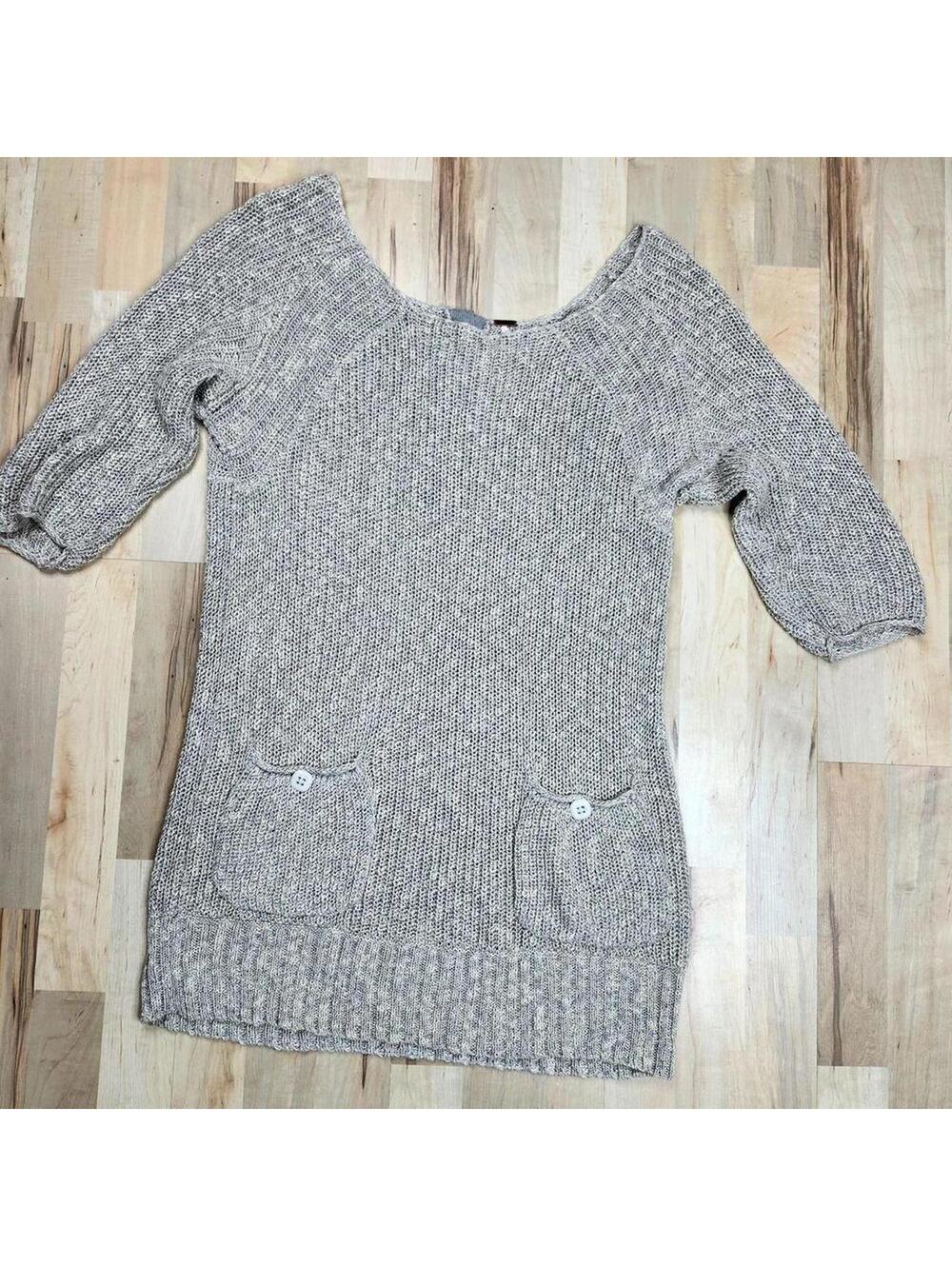 Free People Cozy Gray Knit Sweater Dress with Pockets 3/4 Sleeve Casual Tunic
